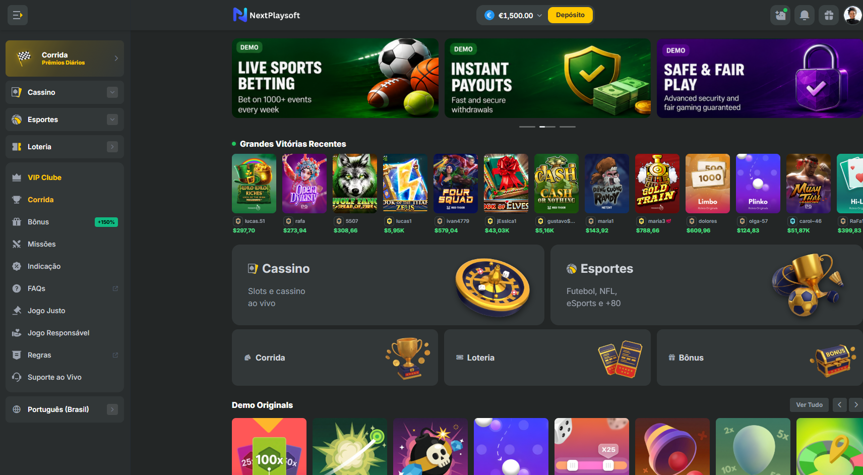 NextPlaySoft online casino dashboard (game lobby)